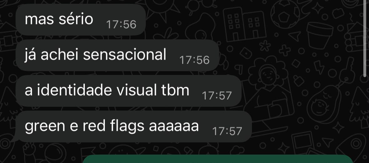 Mensagem de WhatsApp: "mas sério, já achei sensacional, a identidade visual tbm, green e red flags aaaaaa"